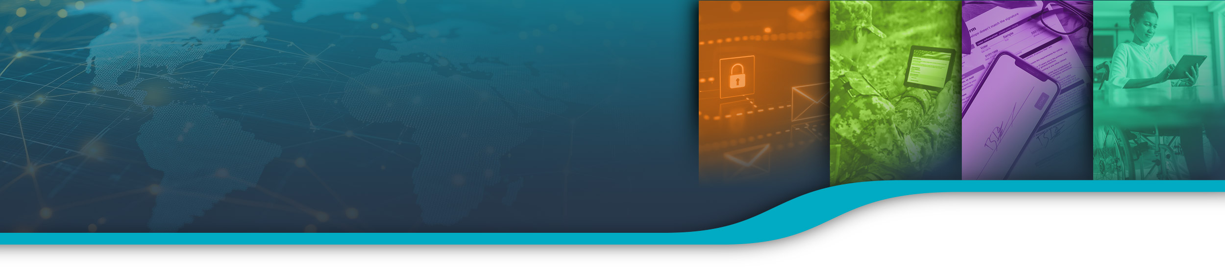 homepage-banner World map background with panels showing cybersecurity icons, a soldier using a remote access via a tablet, digital ballot signatures, and a woman in a wheelchair using a secure device and accessible remote voting.